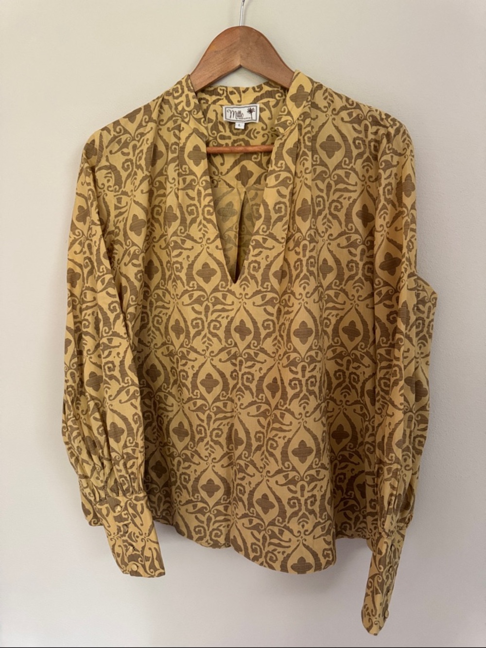 Mille Mustard and Brown Printed Split-Neck Top